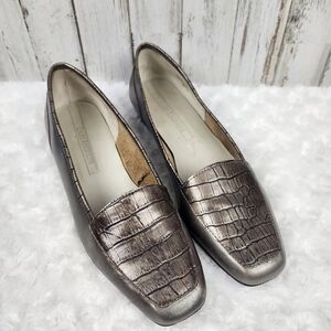 Enzo Angiolini Leather Embossed Loafers Metallic Silver Size 7